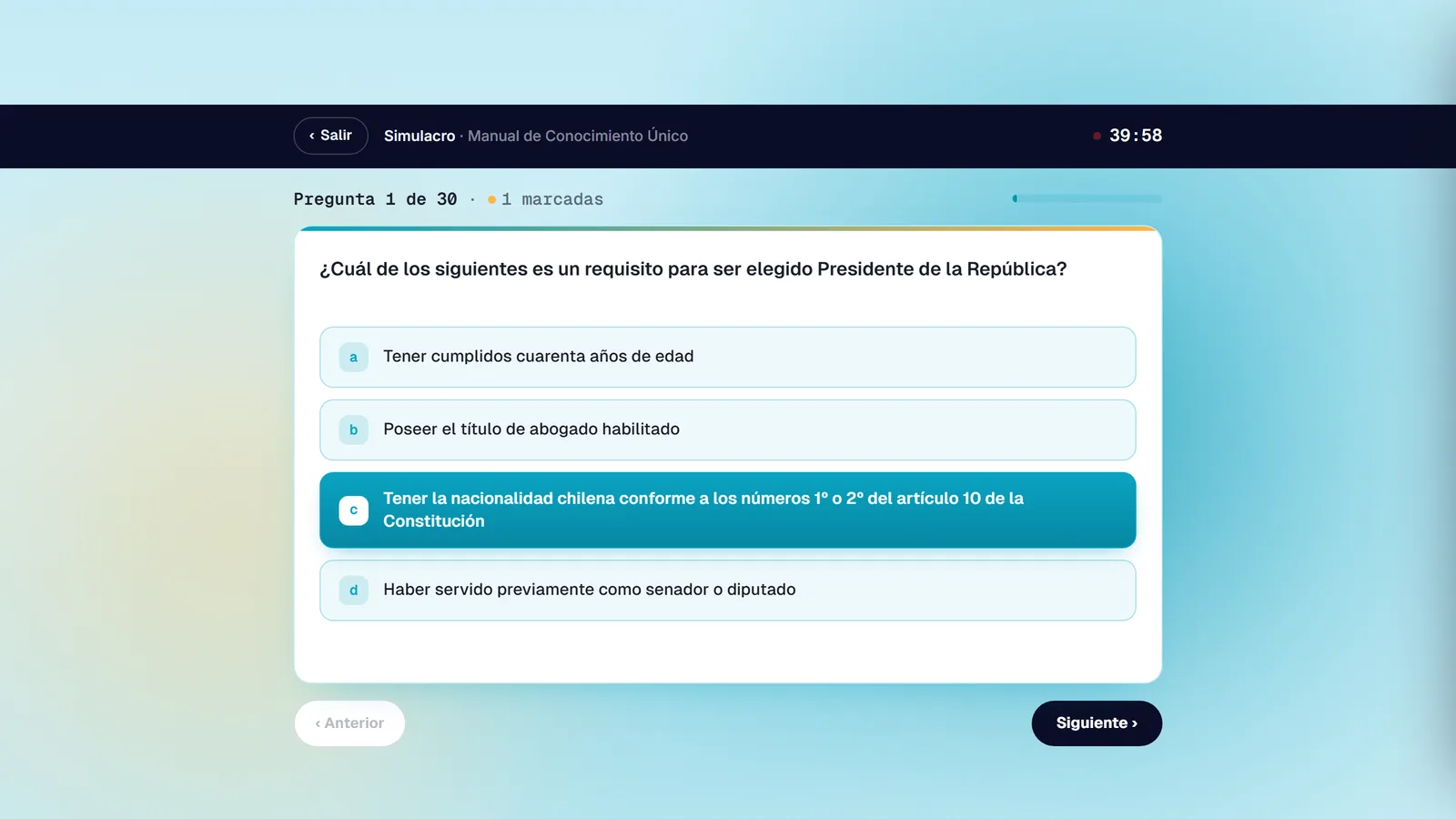 Simulador del Manual de Conocimiento Único: prueba de conocimientos