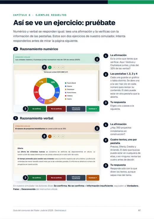 Página de la guía con dos ejercicios reales del simulador, numérico y verbal, con sus pestañas